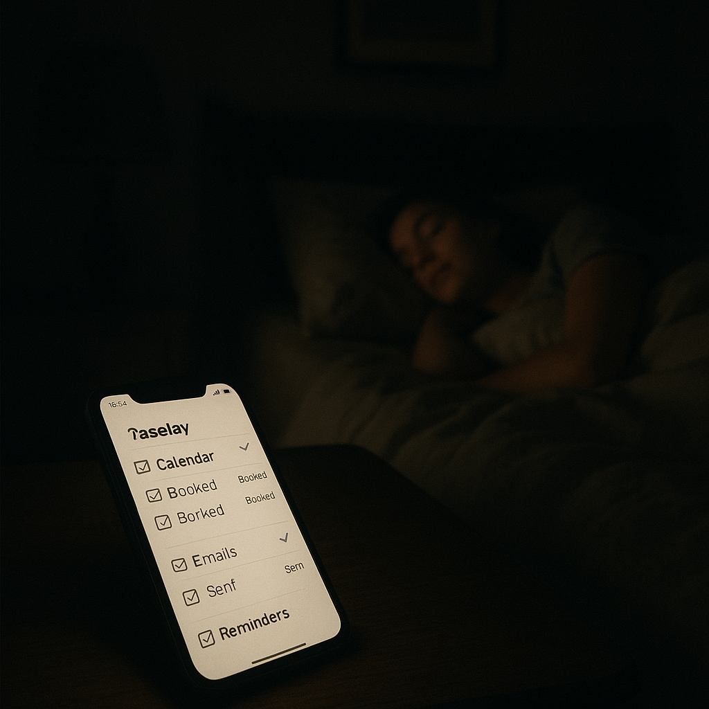 Phone screen glowing in a dark bedroom showing completed tasks while the owner sleeps