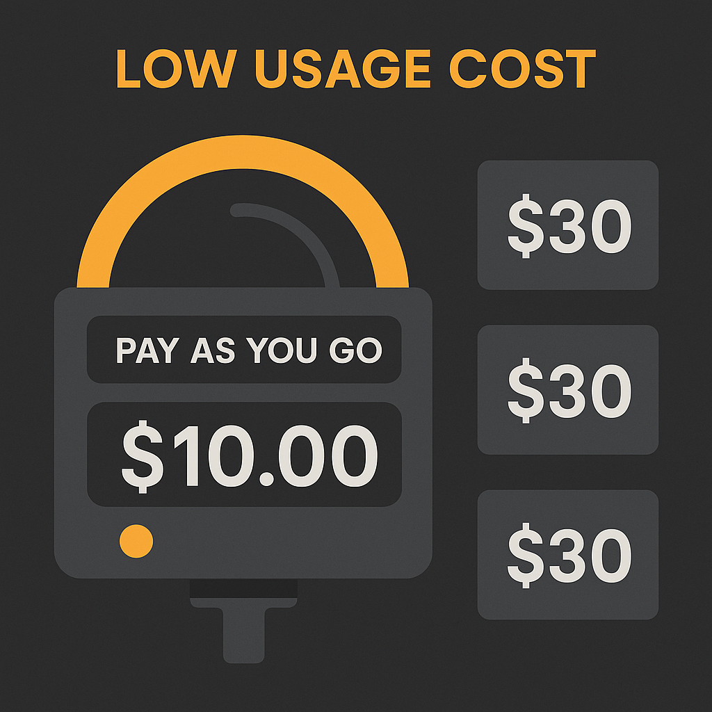 Pay-as-you-go usage meter showing low cost versus three flat subscription price blocks