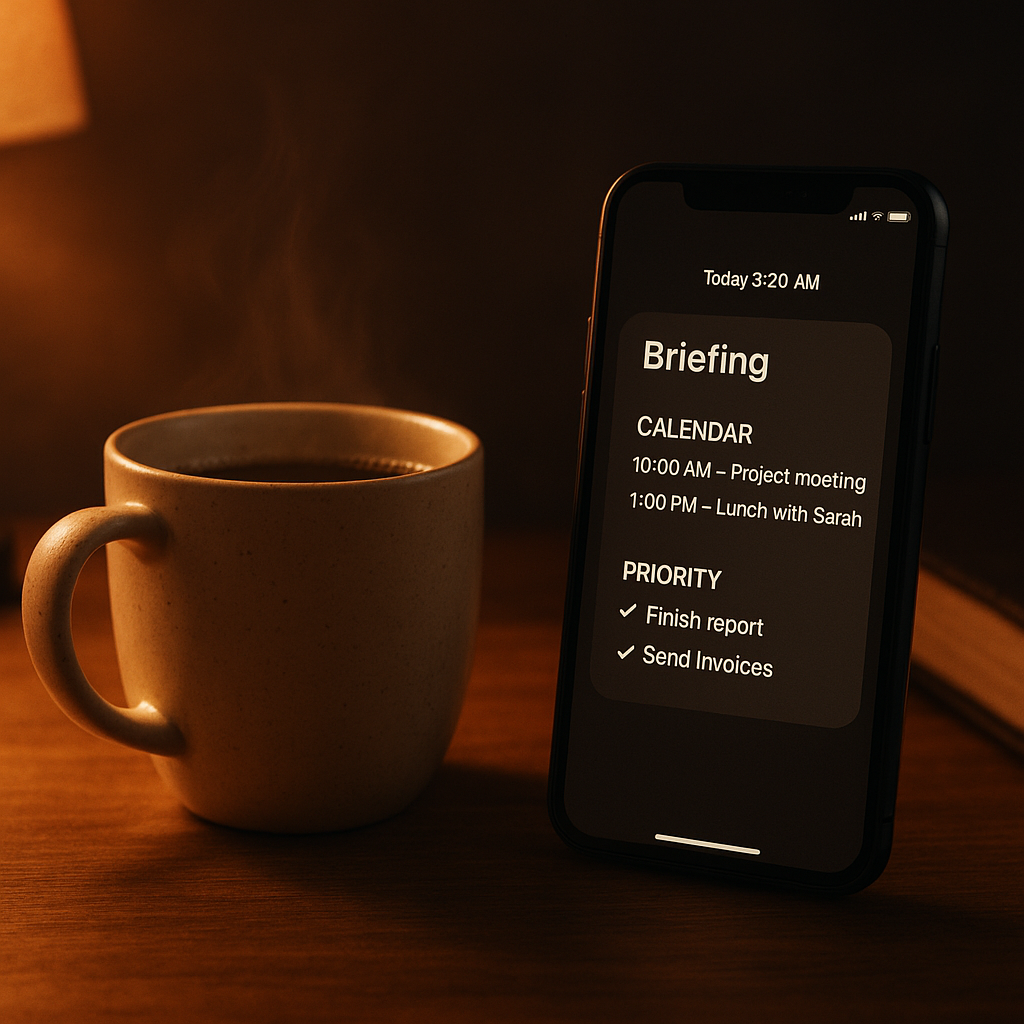 Morning coffee beside a phone showing an AI text briefing with calendar and priority tasks