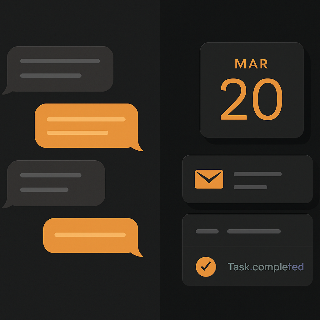 Split screen showing AI chat conversation versus autonomous calendar and email actions