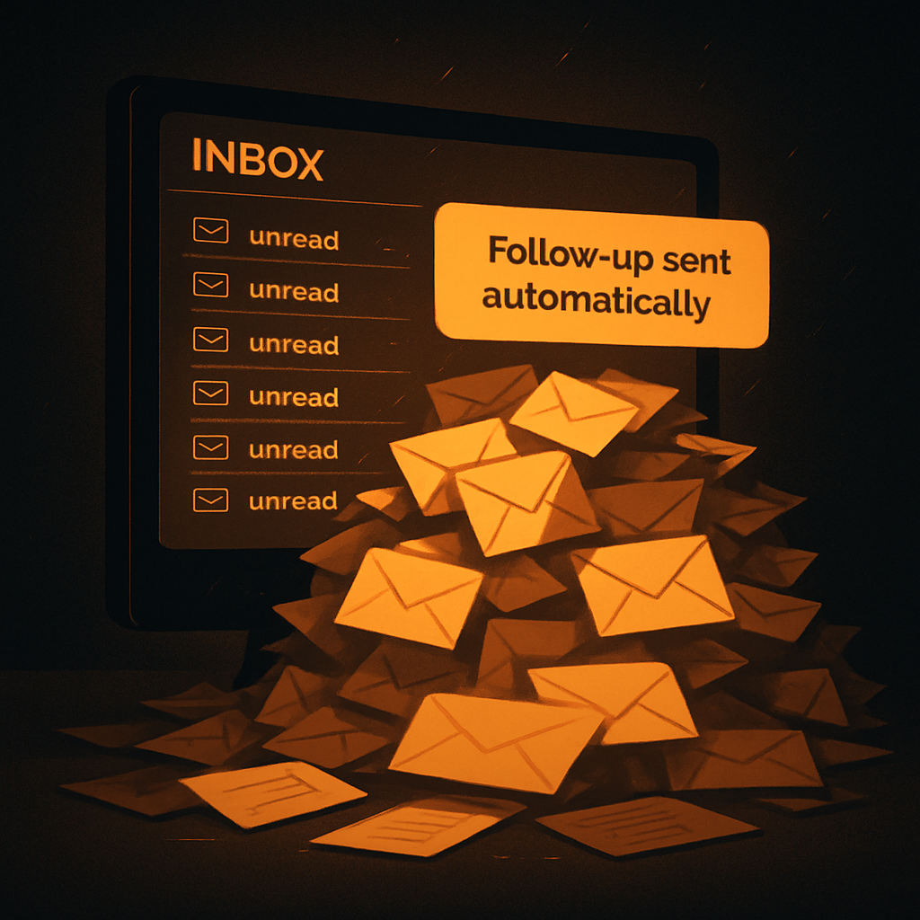 Overflowing email inbox with an AI follow-up sent notification appearing automatically