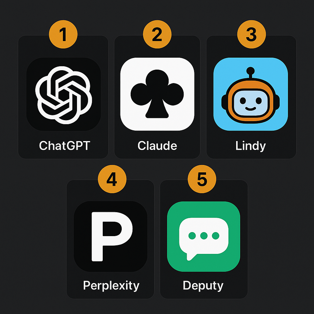 Comparison grid of AI personal assistant apps including ChatGPT, Claude, Lindy, Perplexity, and Deputy