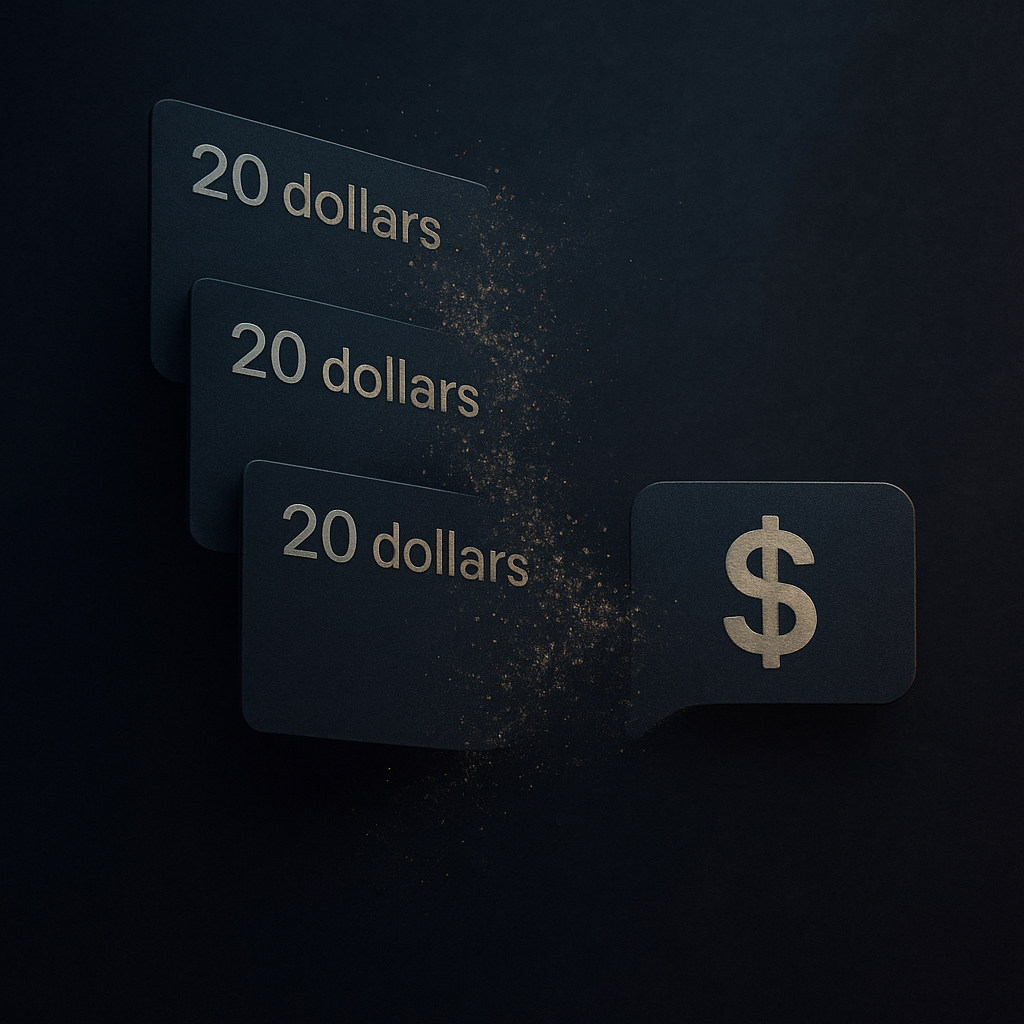 Three stacked $20 subscription cards dissolving into a single pay-as-you-go text message