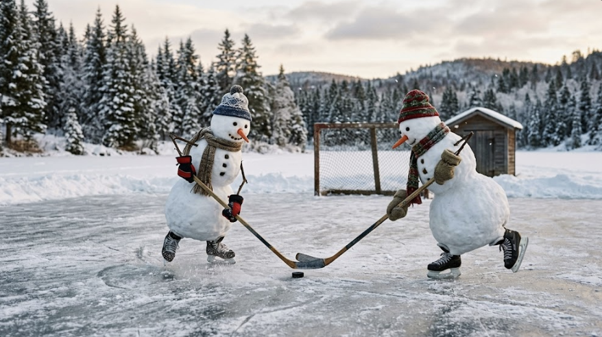 AI-generated image of two snowmen playing hockey on a frozen pond